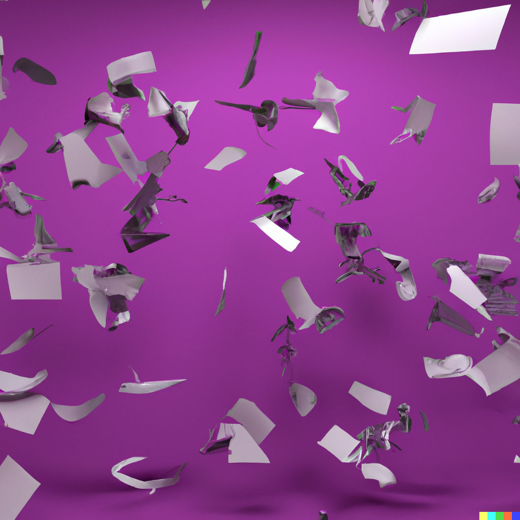 DALL·E prompt: 15 pieces of paper falling in a purple room, 3d render highly detailed